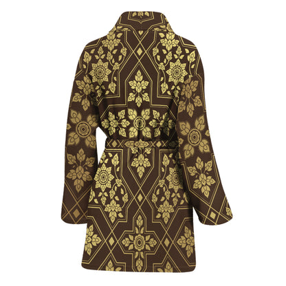 Gold And Brown Thai Pattern Print Women's Bathrobe