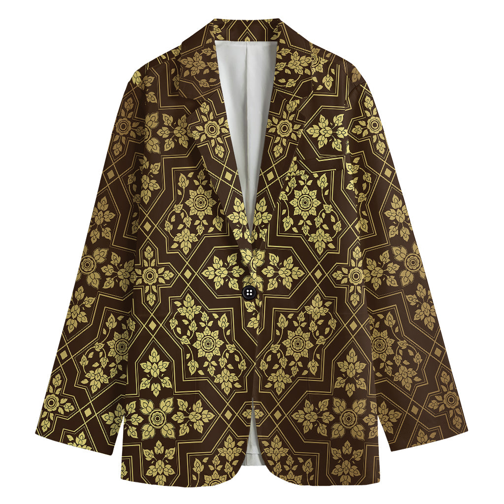 Gold And Brown Thai Pattern Print Women's Blazer