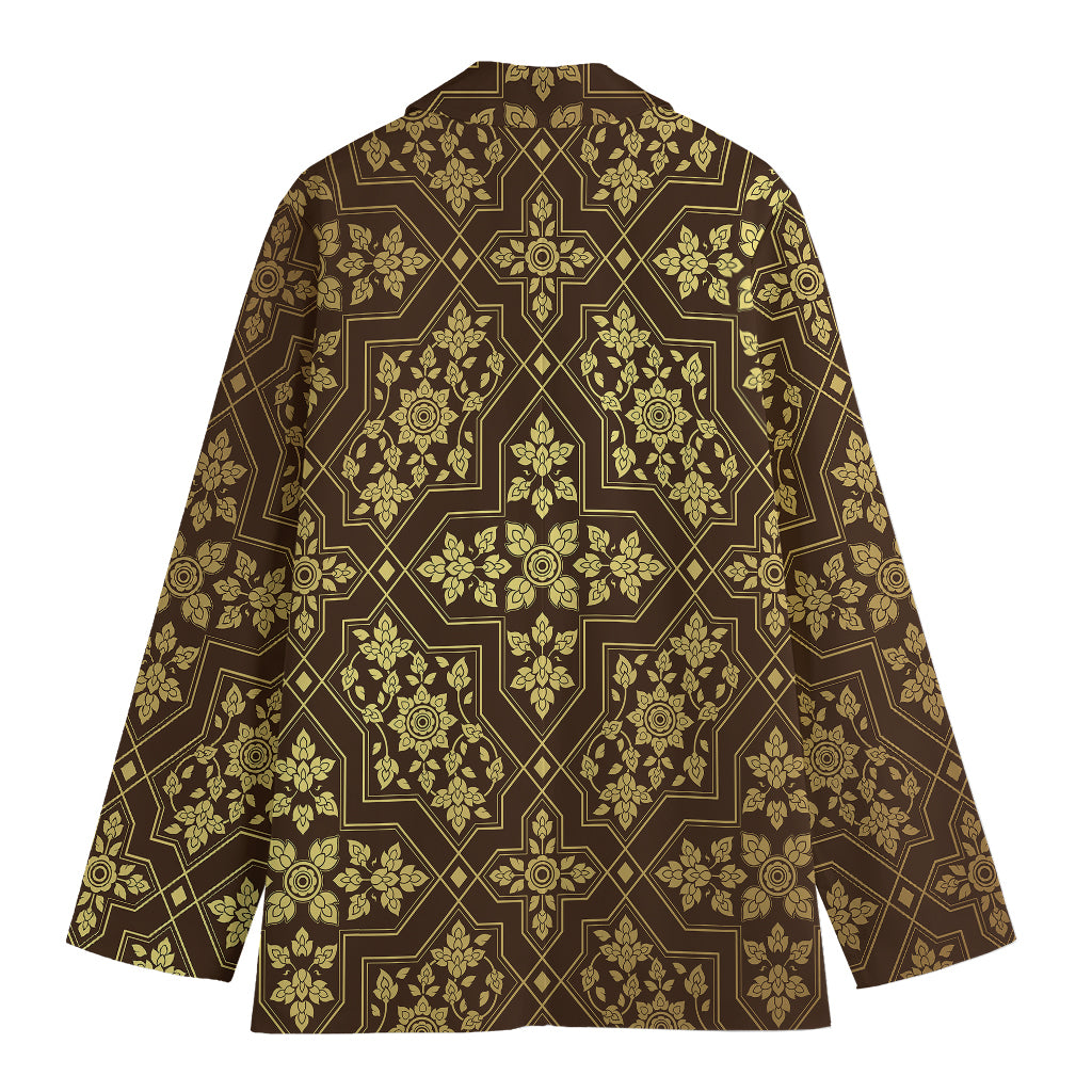 Gold And Brown Thai Pattern Print Women's Blazer
