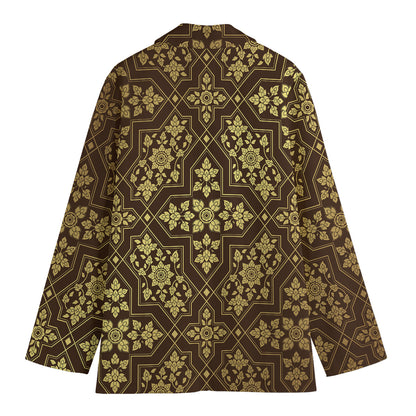 Gold And Brown Thai Pattern Print Women's Blazer
