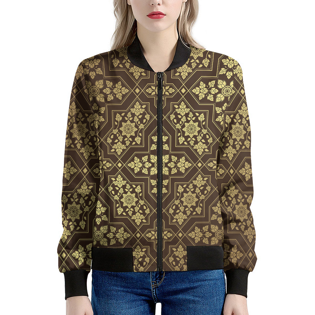 Gold And Brown Thai Pattern Print Women's Bomber Jacket
