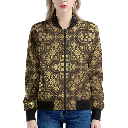 Gold And Brown Thai Pattern Print Women's Bomber Jacket