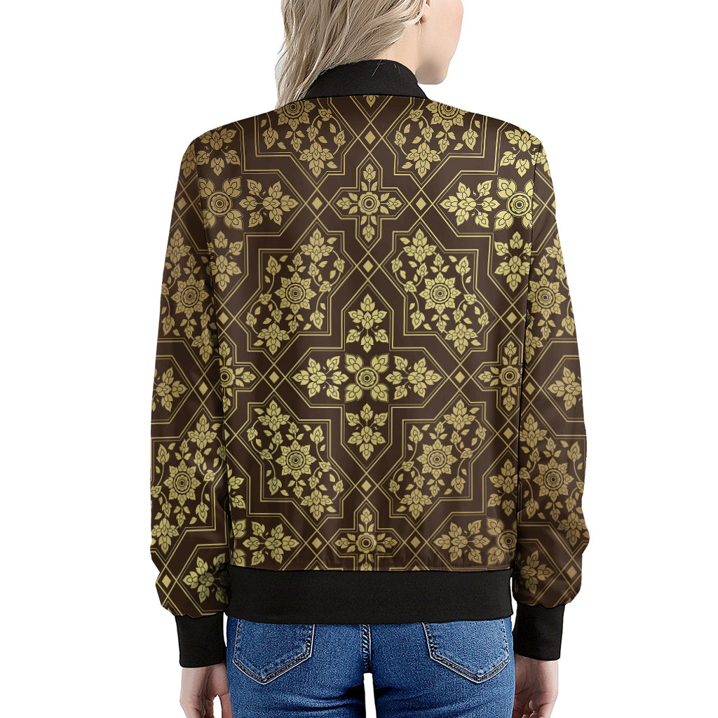 Gold And Brown Thai Pattern Print Women's Bomber Jacket