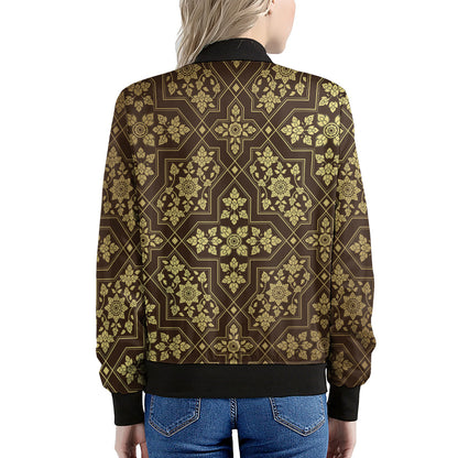 Gold And Brown Thai Pattern Print Women's Bomber Jacket