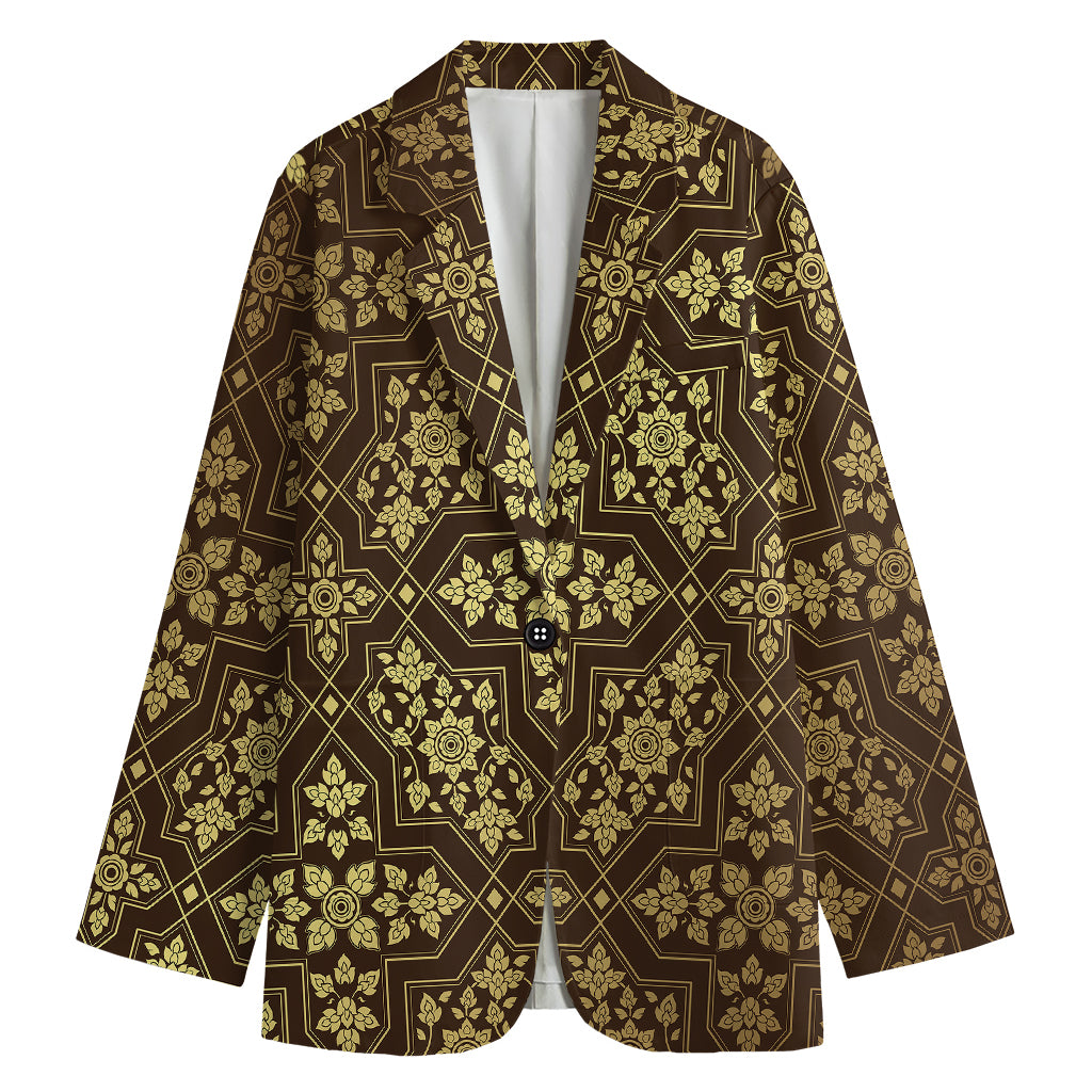 Gold And Brown Thai Pattern Print Women's Cotton Blazer