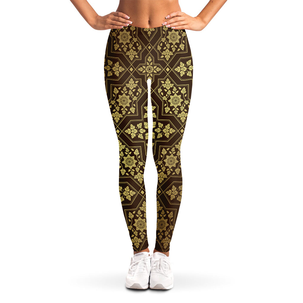 Gold And Brown Thai Pattern Print Women's Leggings