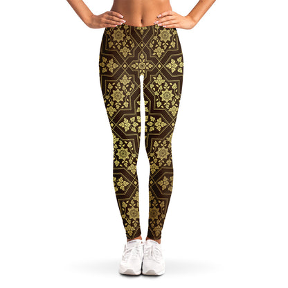 Gold And Brown Thai Pattern Print Women's Leggings