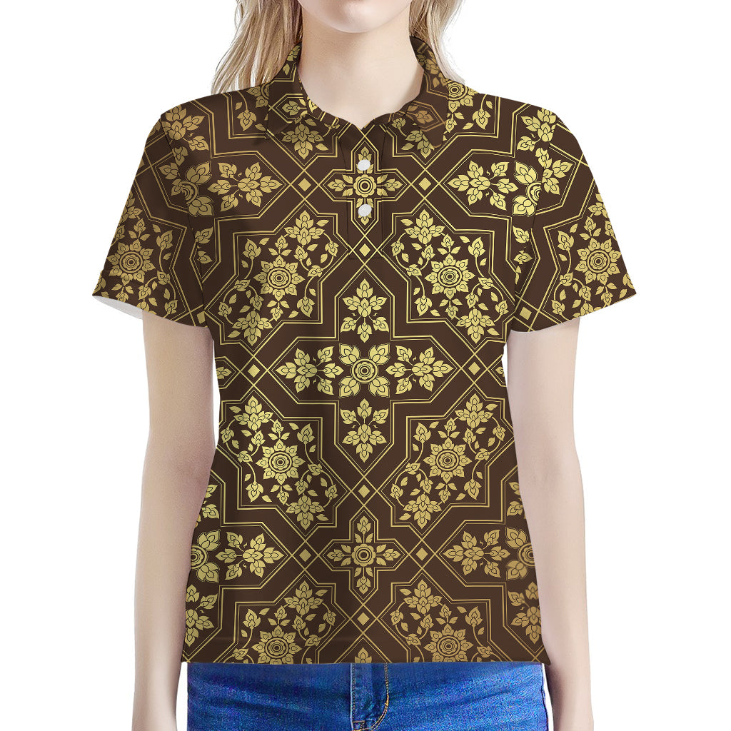Gold And Brown Thai Pattern Print Women's Polo Shirt