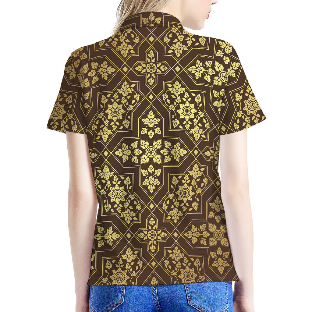 Gold And Brown Thai Pattern Print Women's Polo Shirt