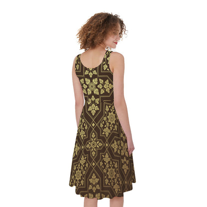 Gold And Brown Thai Pattern Print Women's Sleeveless Dress
