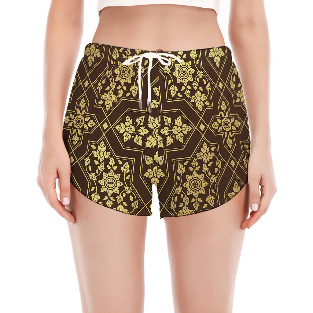 Gold And Brown Thai Pattern Print Women's Split Running Shorts