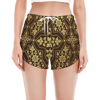 Gold And Brown Thai Pattern Print Women's Split Running Shorts
