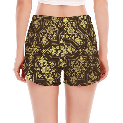 Gold And Brown Thai Pattern Print Women's Split Running Shorts