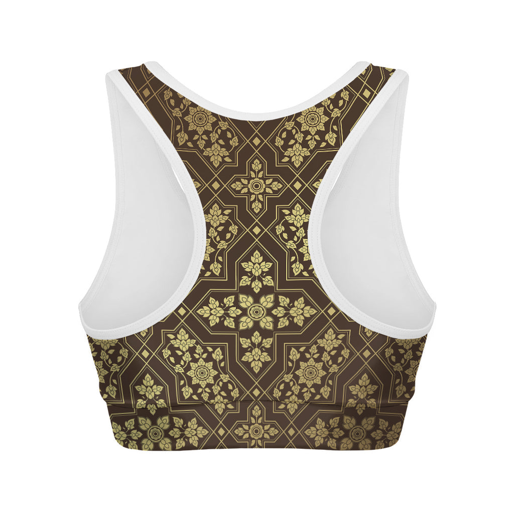 Gold And Brown Thai Pattern Print Women's Sports Bra