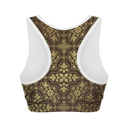 Gold And Brown Thai Pattern Print Women's Sports Bra