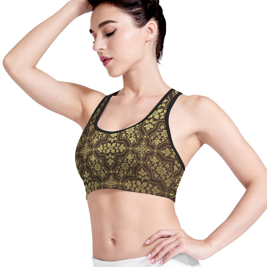 Gold And Brown Thai Pattern Print Women's Sports Bra