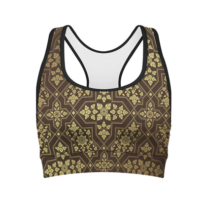 Gold And Brown Thai Pattern Print Women's Sports Bra