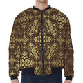 Gold And Brown Thai Pattern Print Zip Sleeve Bomber Jacket