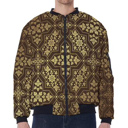 Gold And Brown Thai Pattern Print Zip Sleeve Bomber Jacket