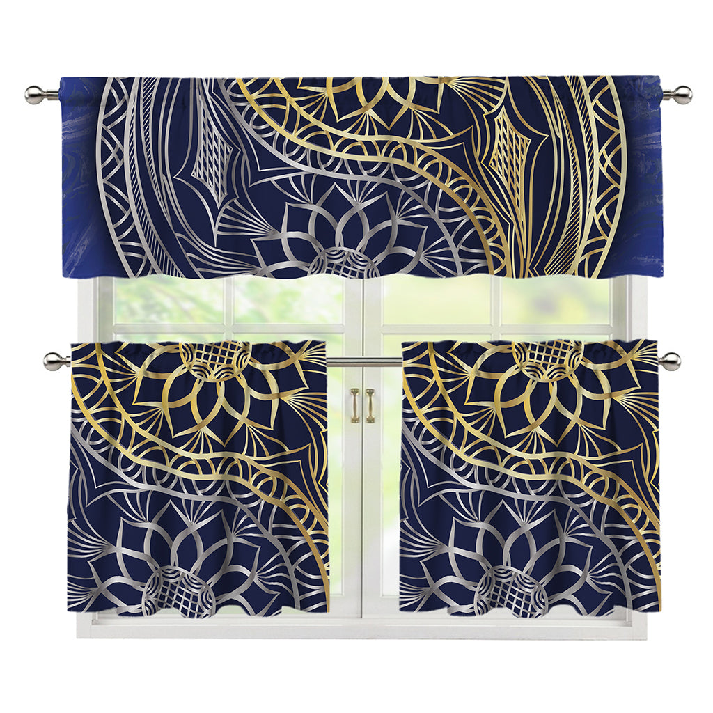 Gold And Grey Yin Yang Flower Print 3 Piece Kitchen Curtains