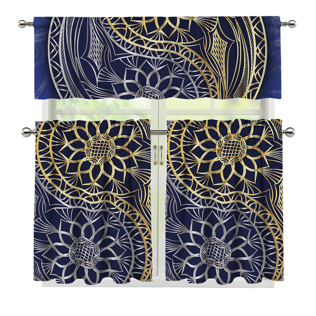 Gold And Grey Yin Yang Flower Print 3 Piece Kitchen Curtains