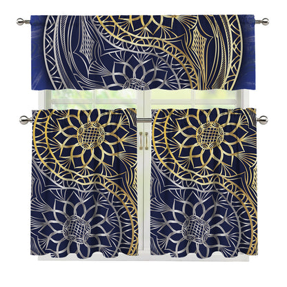 Gold And Grey Yin Yang Flower Print 3 Piece Kitchen Curtains