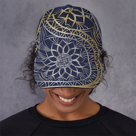 Gold And Grey Yin Yang Flower Print Baseball Cap