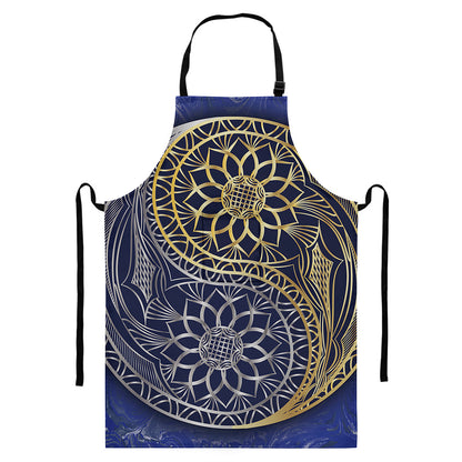 Gold And Grey Yin Yang Flower Print Bib Apron With Pocket