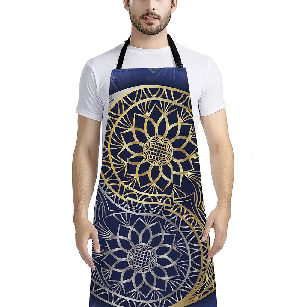Gold And Grey Yin Yang Flower Print Bib Apron With Pocket