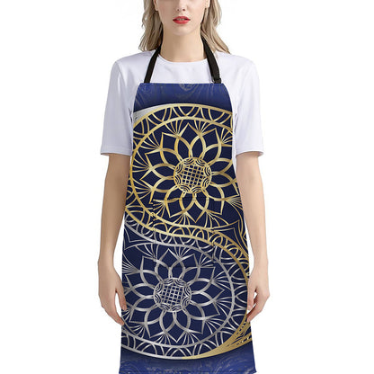 Gold And Grey Yin Yang Flower Print Bib Apron With Pocket