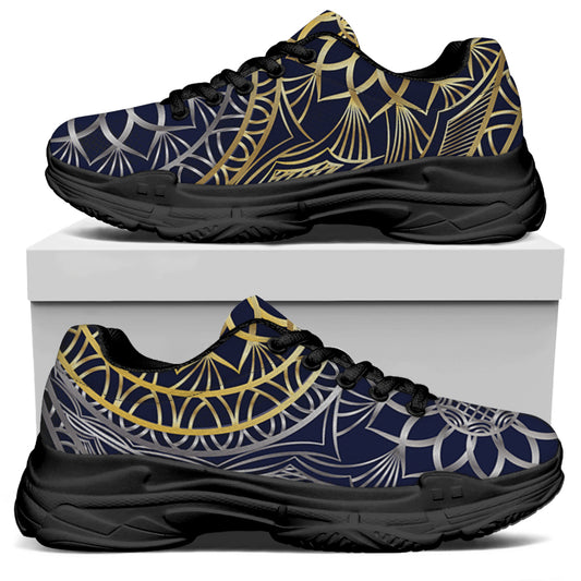 Gold And Grey Yin Yang Flower Print Black Chunky Shoes
