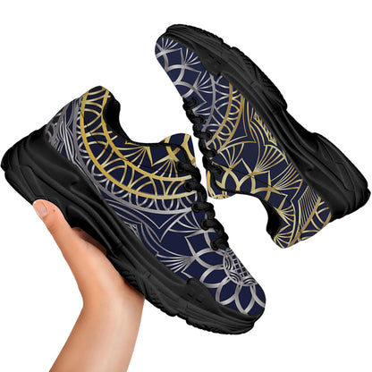 Gold And Grey Yin Yang Flower Print Black Chunky Shoes