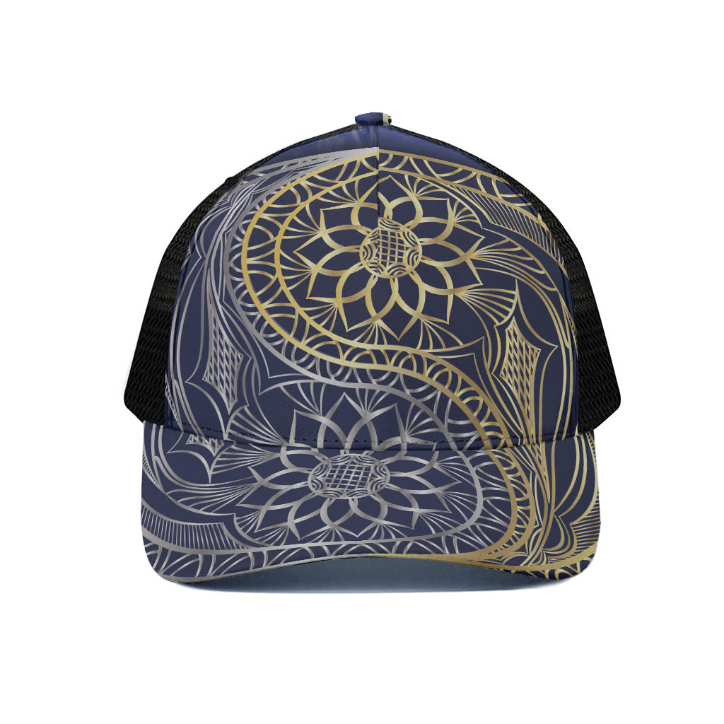 Gold And Grey Yin Yang Flower Print Black Mesh Trucker Cap