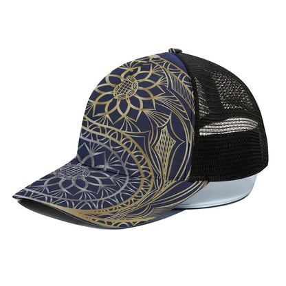 Gold And Grey Yin Yang Flower Print Black Mesh Trucker Cap
