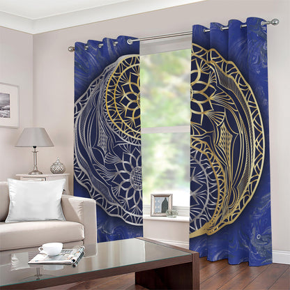 Gold And Grey Yin Yang Flower Print Blackout Grommet Curtains