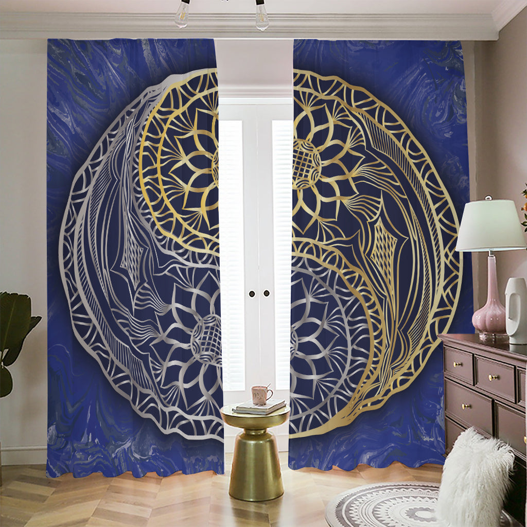 Gold And Grey Yin Yang Flower Print Blackout Pencil Pleat Curtains