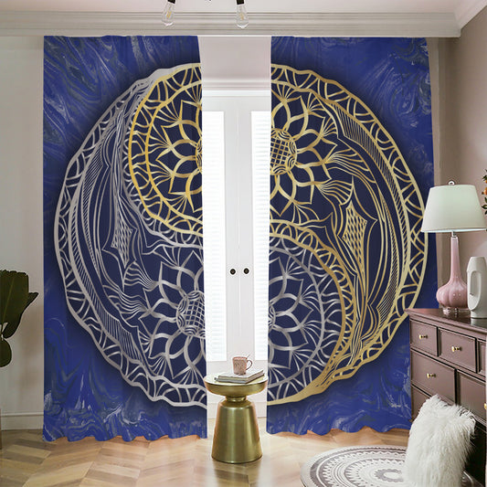 Gold And Grey Yin Yang Flower Print Blackout Pencil Pleat Curtains