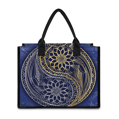 Gold And Grey Yin Yang Flower Print Canvas Tote Bag