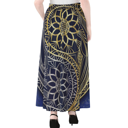 Gold And Grey Yin Yang Flower Print Chiffon Maxi Skirt