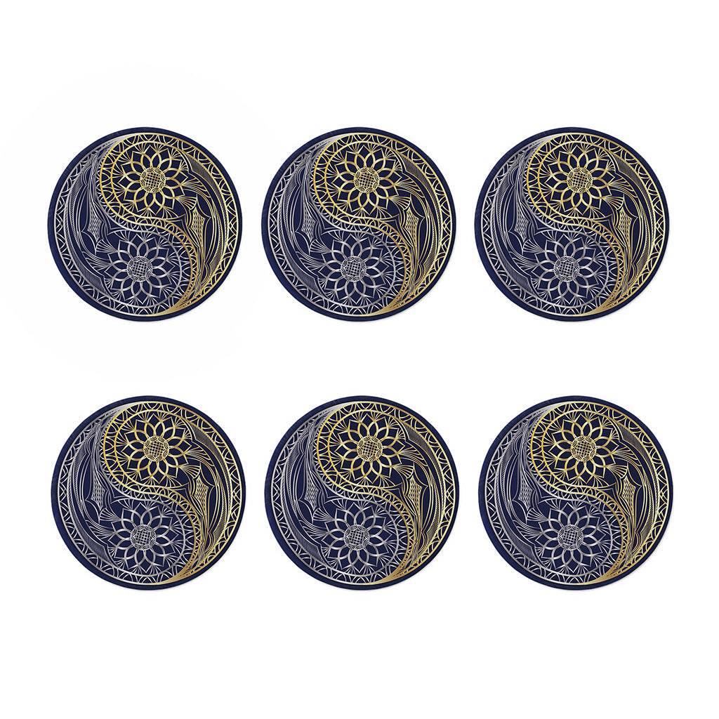 Gold And Grey Yin Yang Flower Print Coaster Set