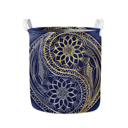 Gold And Grey Yin Yang Flower Print Collapsible Laundry Basket