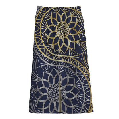 Gold And Grey Yin Yang Flower Print Cotton Front Slit Maxi Skirt
