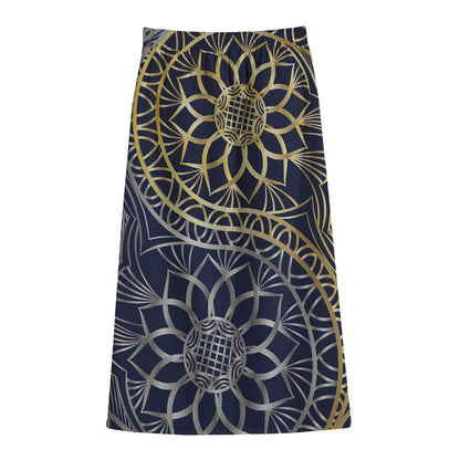 Gold And Grey Yin Yang Flower Print Cotton Front Slit Maxi Skirt