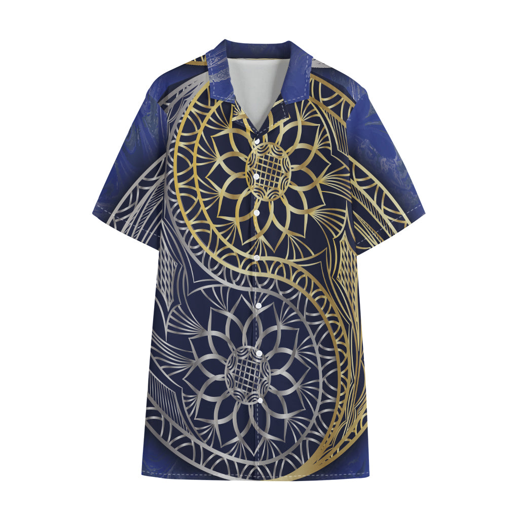 Gold And Grey Yin Yang Flower Print Cotton Hawaiian Shirt