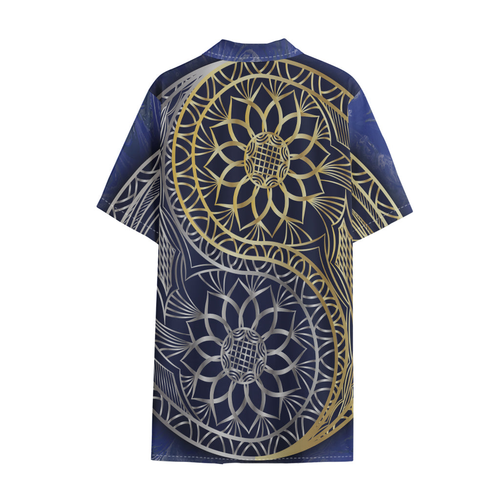 Gold And Grey Yin Yang Flower Print Cotton Hawaiian Shirt