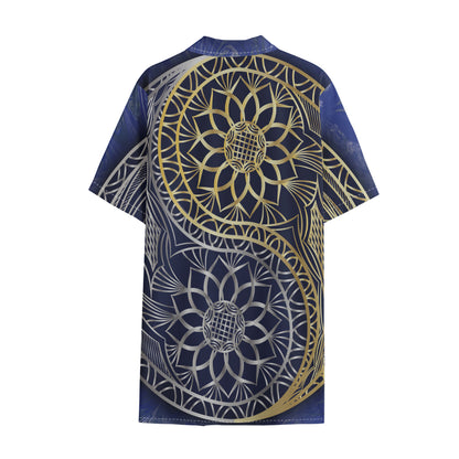Gold And Grey Yin Yang Flower Print Cotton Hawaiian Shirt
