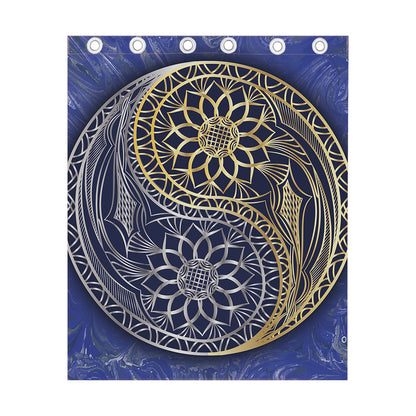 Gold And Grey Yin Yang Flower Print Curtain