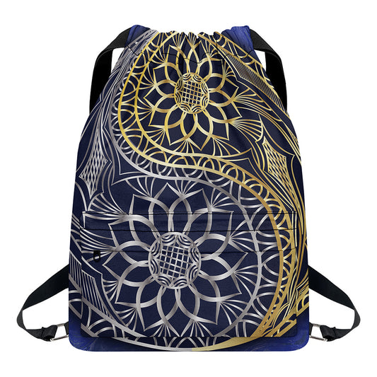 Gold And Grey Yin Yang Flower Print Drawstring Backpack