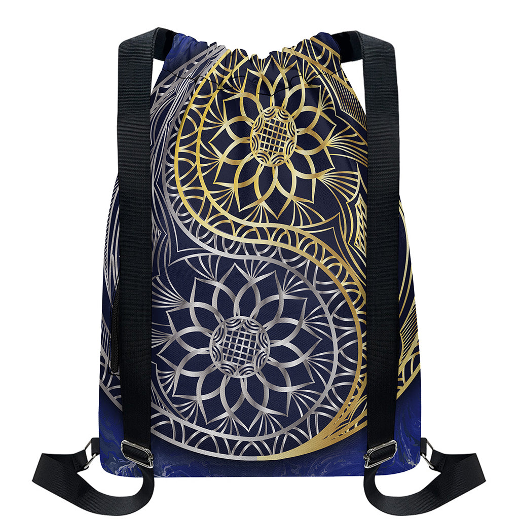Gold And Grey Yin Yang Flower Print Drawstring Backpack