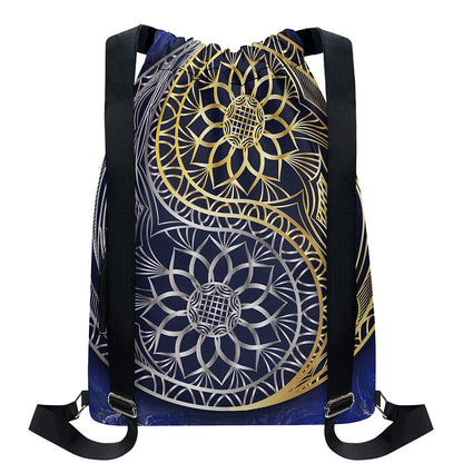 Gold And Grey Yin Yang Flower Print Drawstring Backpack
